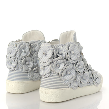 Chanel Lambskin Striped Camellia High Top Sneakers 37 Grey 3 of 8