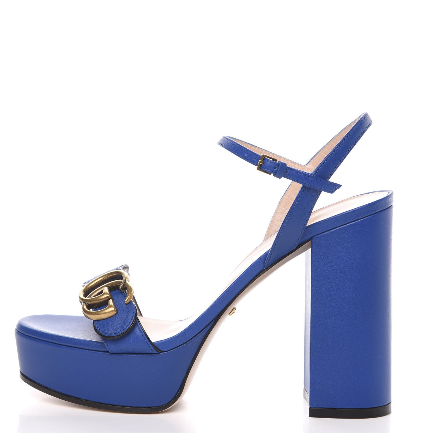 Gucci Calfskin GG Marmont Ankle Wrap 30/115mm Platform Sandals 37.5 Bright Blue 1 of 9