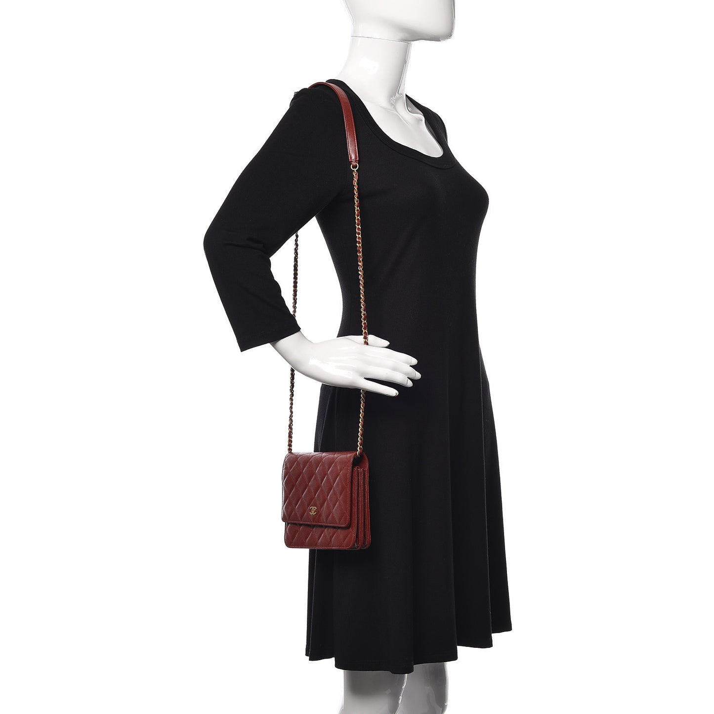 Iridescent Caviar Quilted Square Wallet On Chain WOC Burgundy