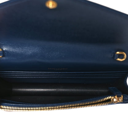 Saint Laurent Grain De Poudre Matelasse Chevron Monogram Envelope Chain Wallet Navy 5 of 8