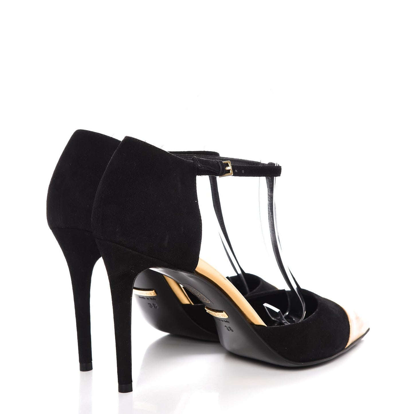 Suede Metallic Cap Toe T-Strap Coline Pumps 38 Black Gold