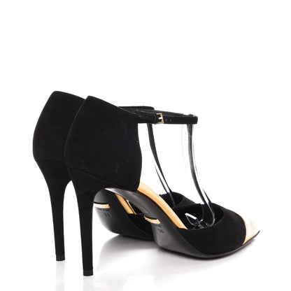 Gucci Suede Metallic Cap Toe T-Strap Coline Pumps 38 Black Gold 4 of 11