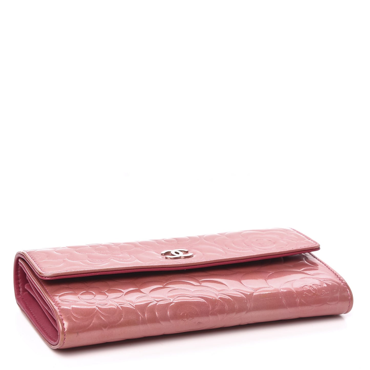 Patent Camellia Embossed Flap Wallet Pink