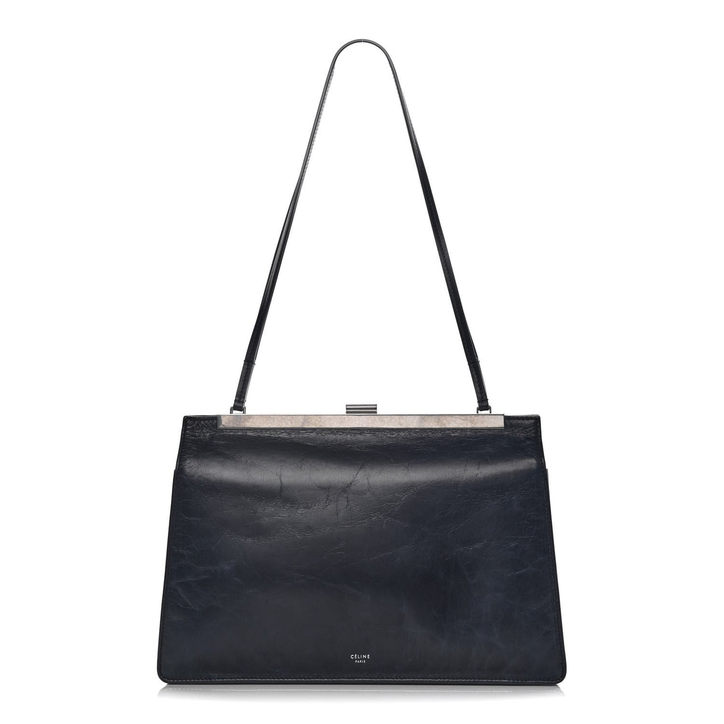 Shiny Paperweight Calfskin Medium Clasp Shoulder Bag Navy Blue