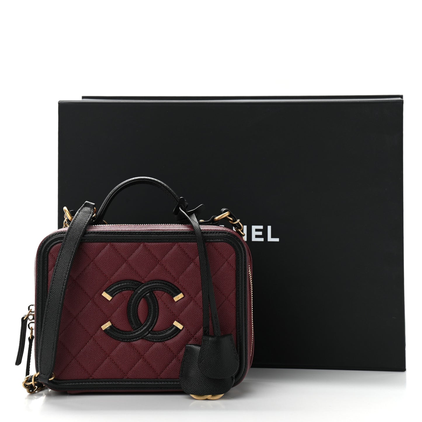 Caviar Quilted Medium CC Filigree Vanity Case Burgundy Black