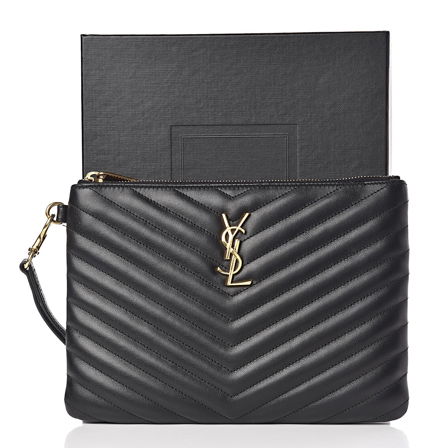 Saint Laurent Calfskin Matelasse Chevron Monogram A5 Wristlet Black 12 of 12