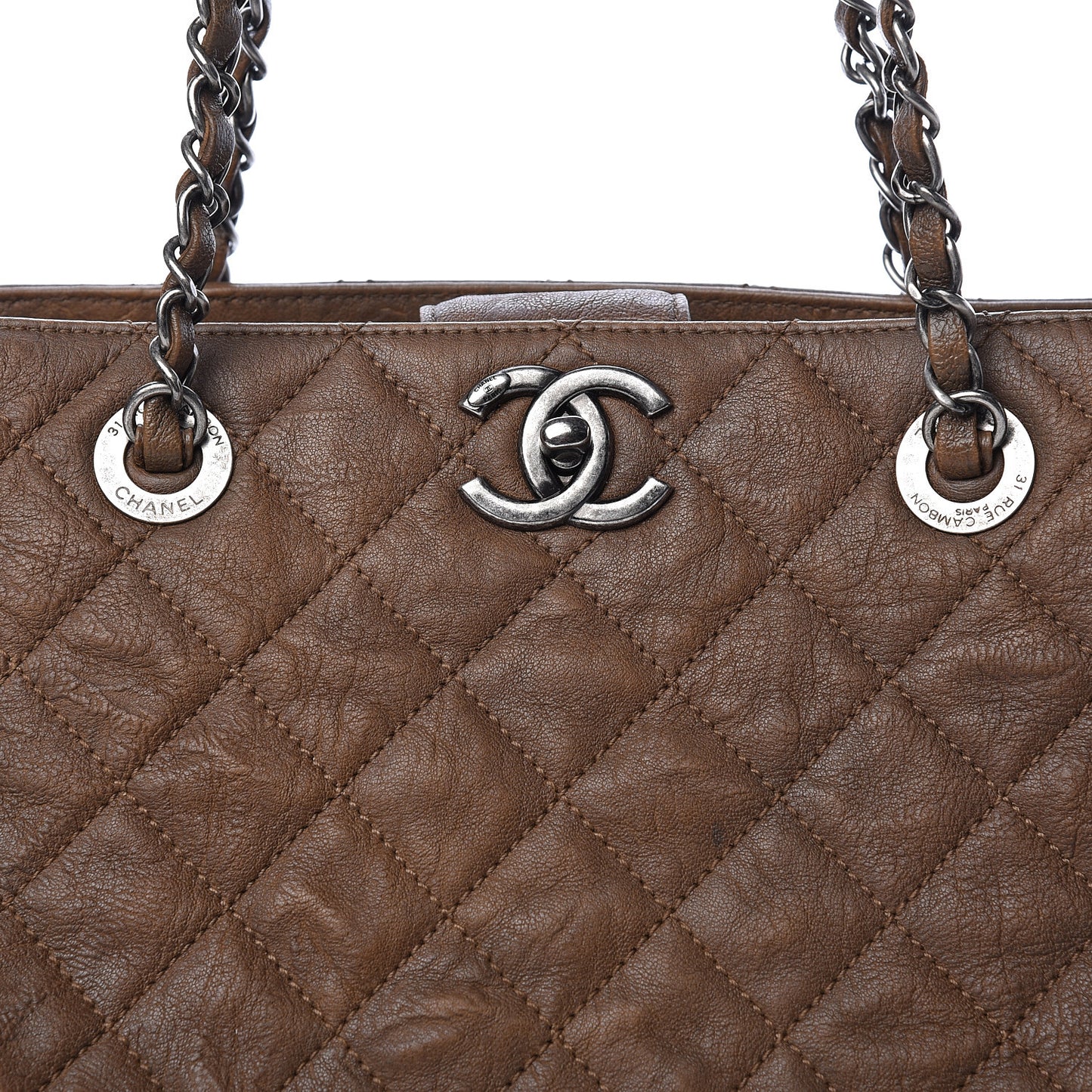 Crumpled Lambskin Quilted Large CC Shopping Tote Khaki