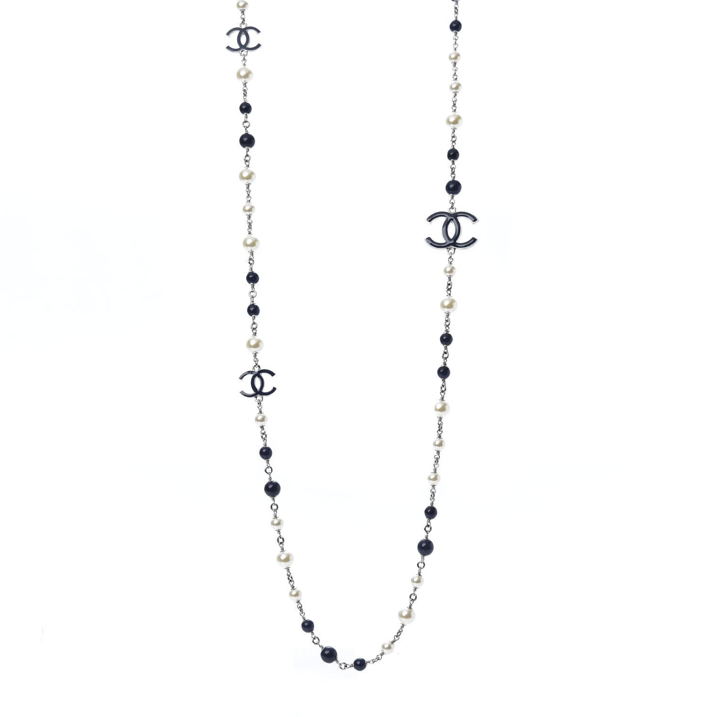 Pearl Bead Enamel CC Long Necklace Silver Blue