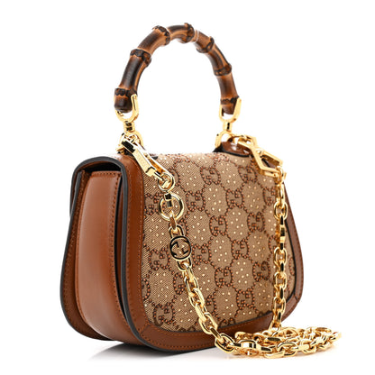 Gucci New Canvas Charisma Calfskin Crystal GG Monogram Small Bamboo 1947 Top Handle Bag Camel Ebony 3 of 11