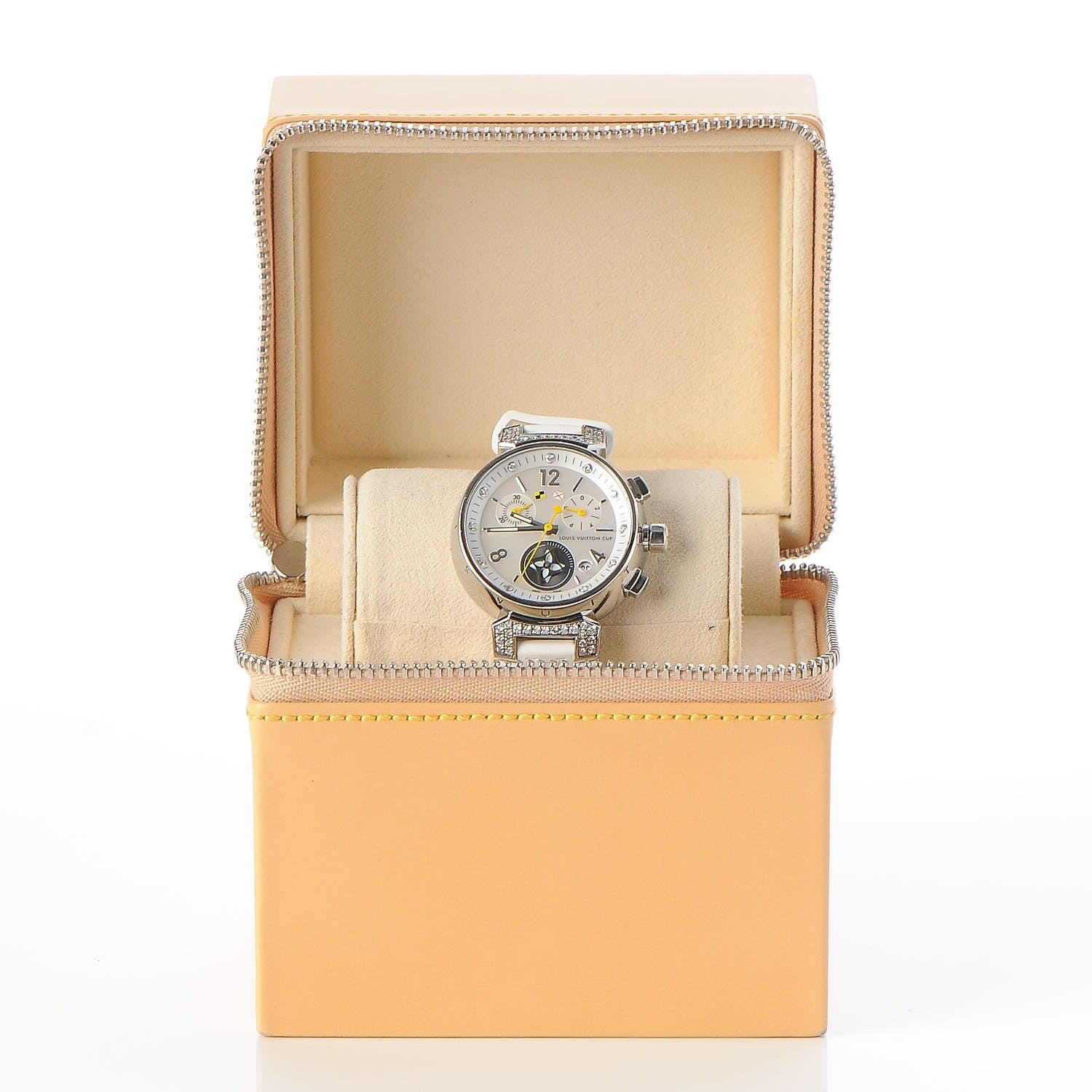 Louis Vuitton Stainless Steel Rubber Diamond Mother of Pearl 34mm Tambour Lovely Cup Quartz Watch 12 of 12