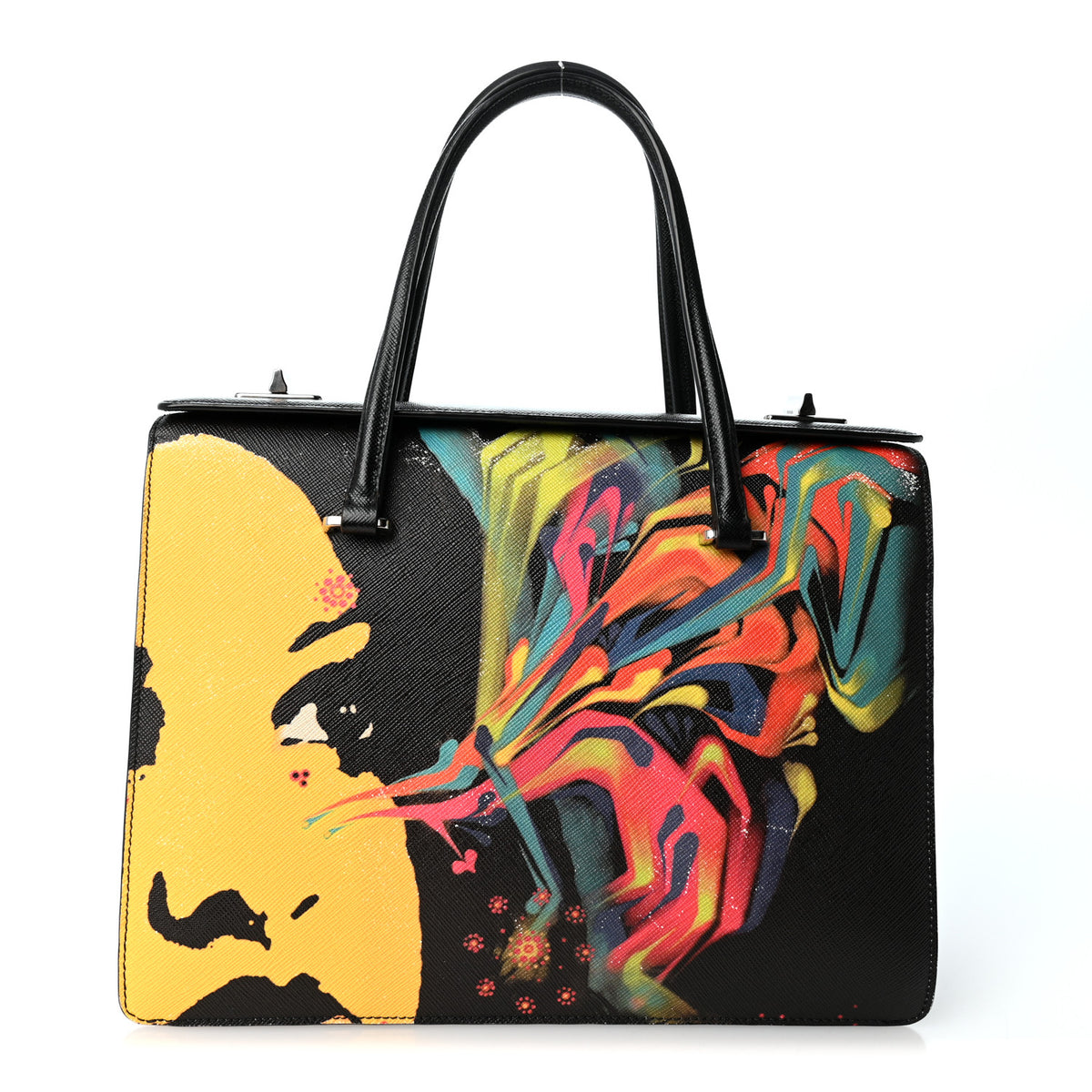 Prada Saffiano Girl Print Satchel Black Ginestra Fuoco 1 of 10