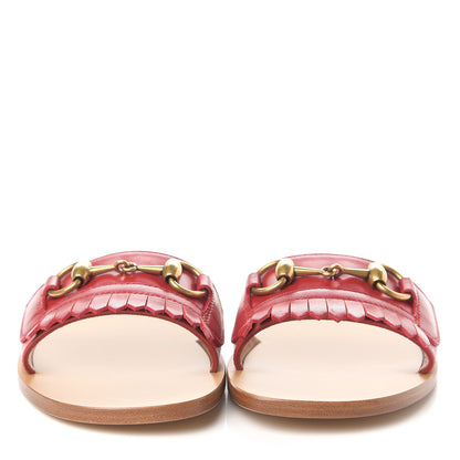 Gucci Malaga Kid Fringe Horsebit Slide Sandals 37 Hibiscus Red 2 of 9