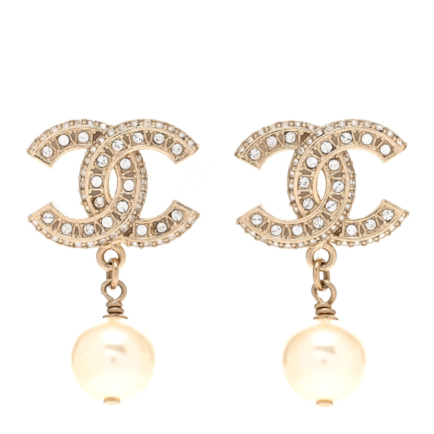 Chanel Crystal Pearl CC Drop Earrings Gold 1 of 4