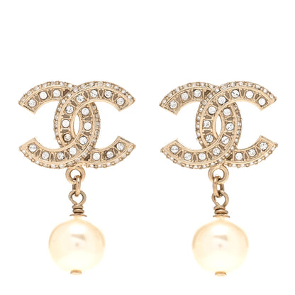Chanel Crystal Pearl CC Drop Earrings Gold 1 of 4