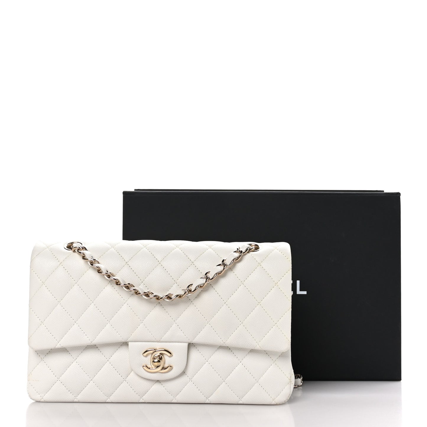 Caviar Quilted Medium Double Flap White