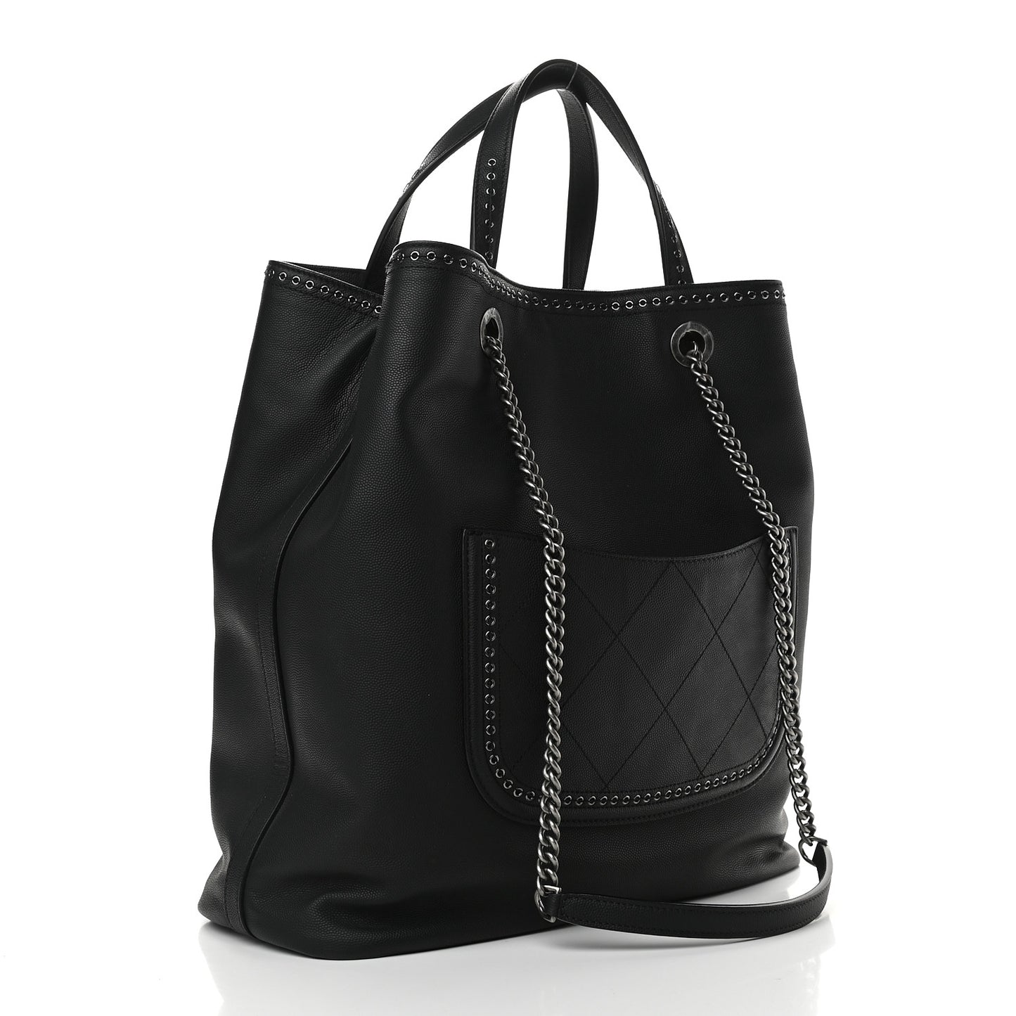 Grained Calfskin Large Coco Eyelets Shopping Tote Black
