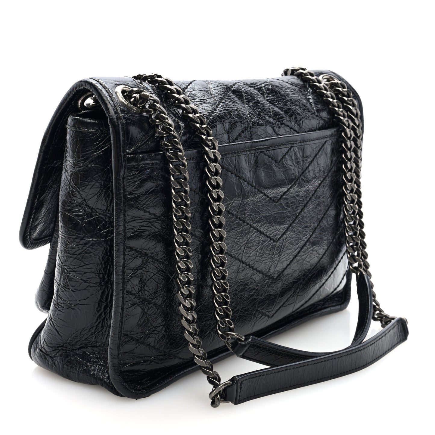 Crinkled Calfskin Matelasse Monogram Medium Niki Chain Satchel Black