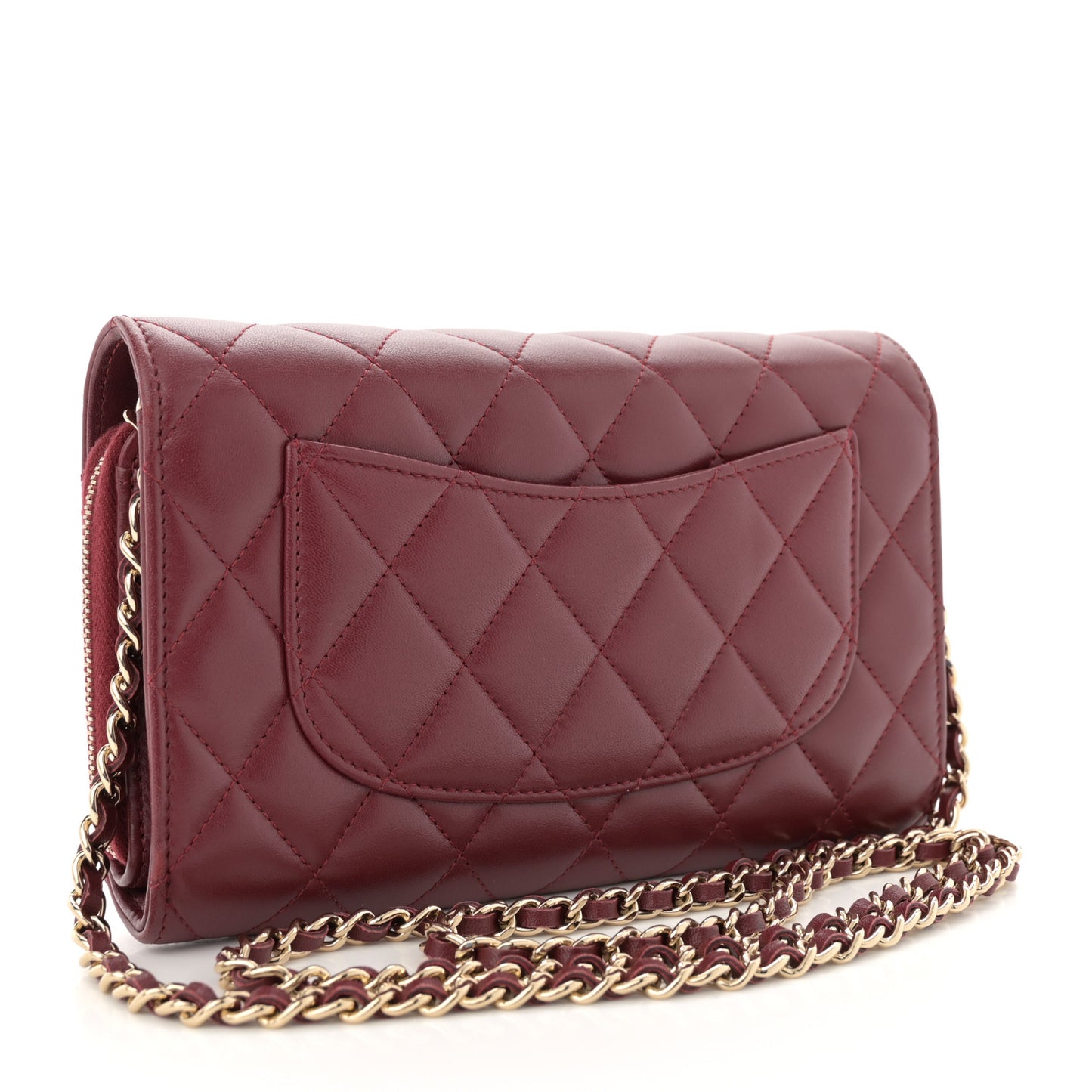 Lambskin Quilted Phone Holder Wallet on Removable Chain Burgundy