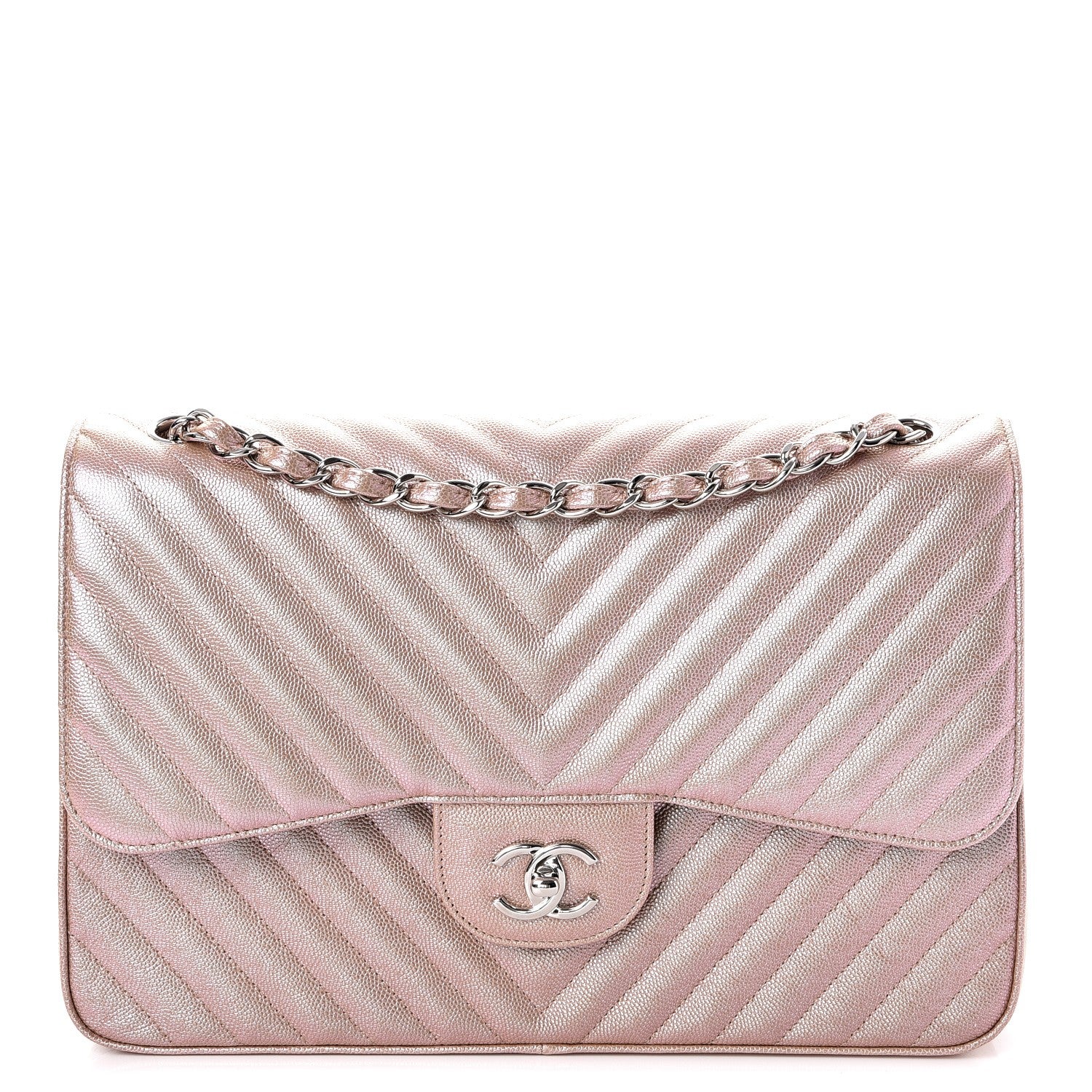 Chanel Metallic Caviar Chevron Quilted Jumbo Double Flap Light Gold 1 of 8