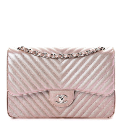 Chanel Metallic Caviar Chevron Quilted Jumbo Double Flap Light Gold 1 of 8
