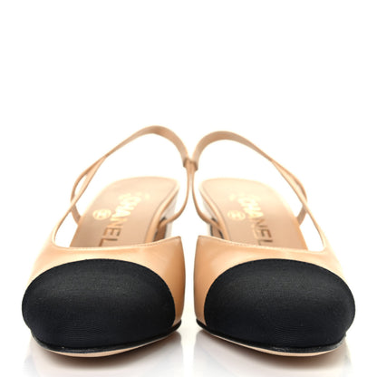 Chanel Lambskin Grosgrain Cap Toe CC Slingback Pumps 36 Beige Black 2 of 4