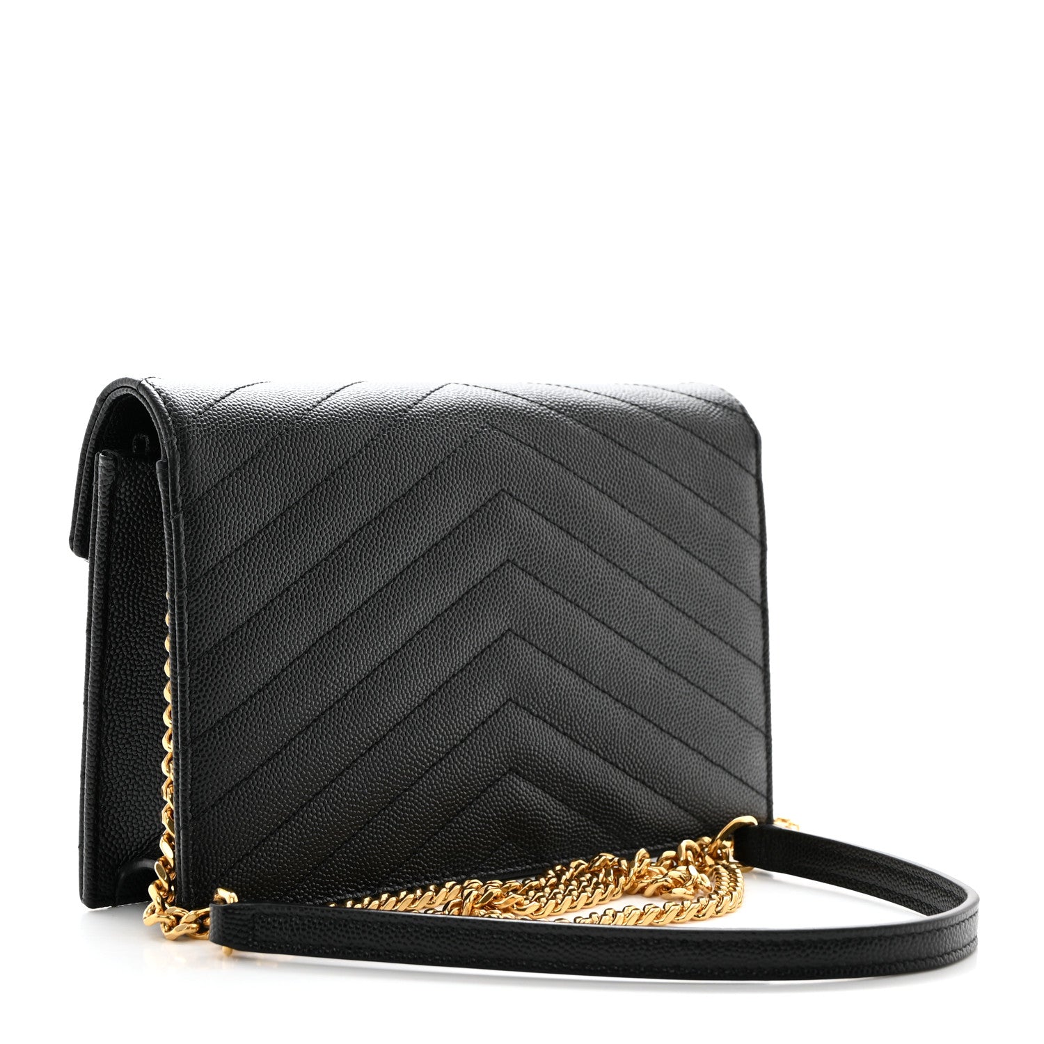 Saint Laurent Grain De Poudre Matelasse Chevron Monogram Envelope Chain Wallet Black 3 of 10