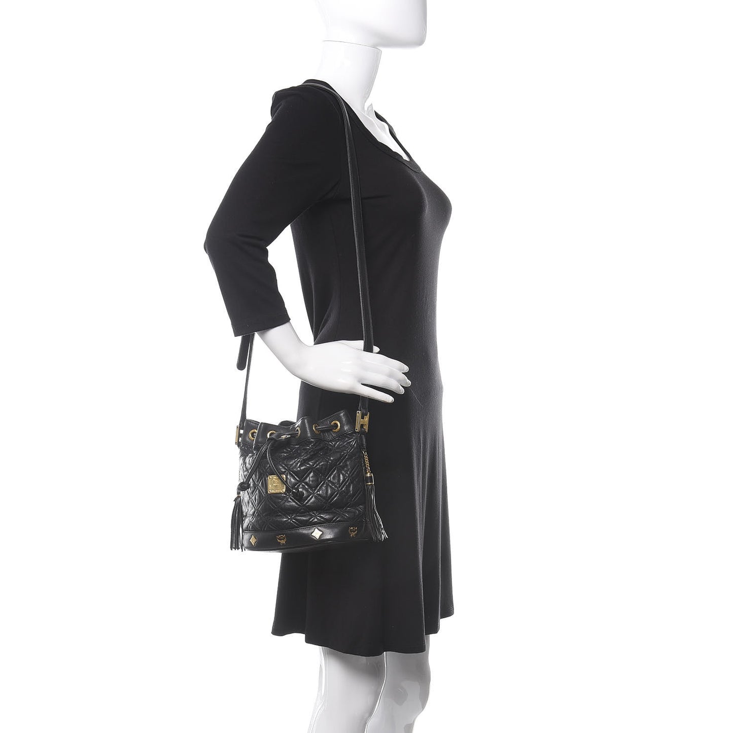 Calfskin Quilted Studded Bucket Bag Black