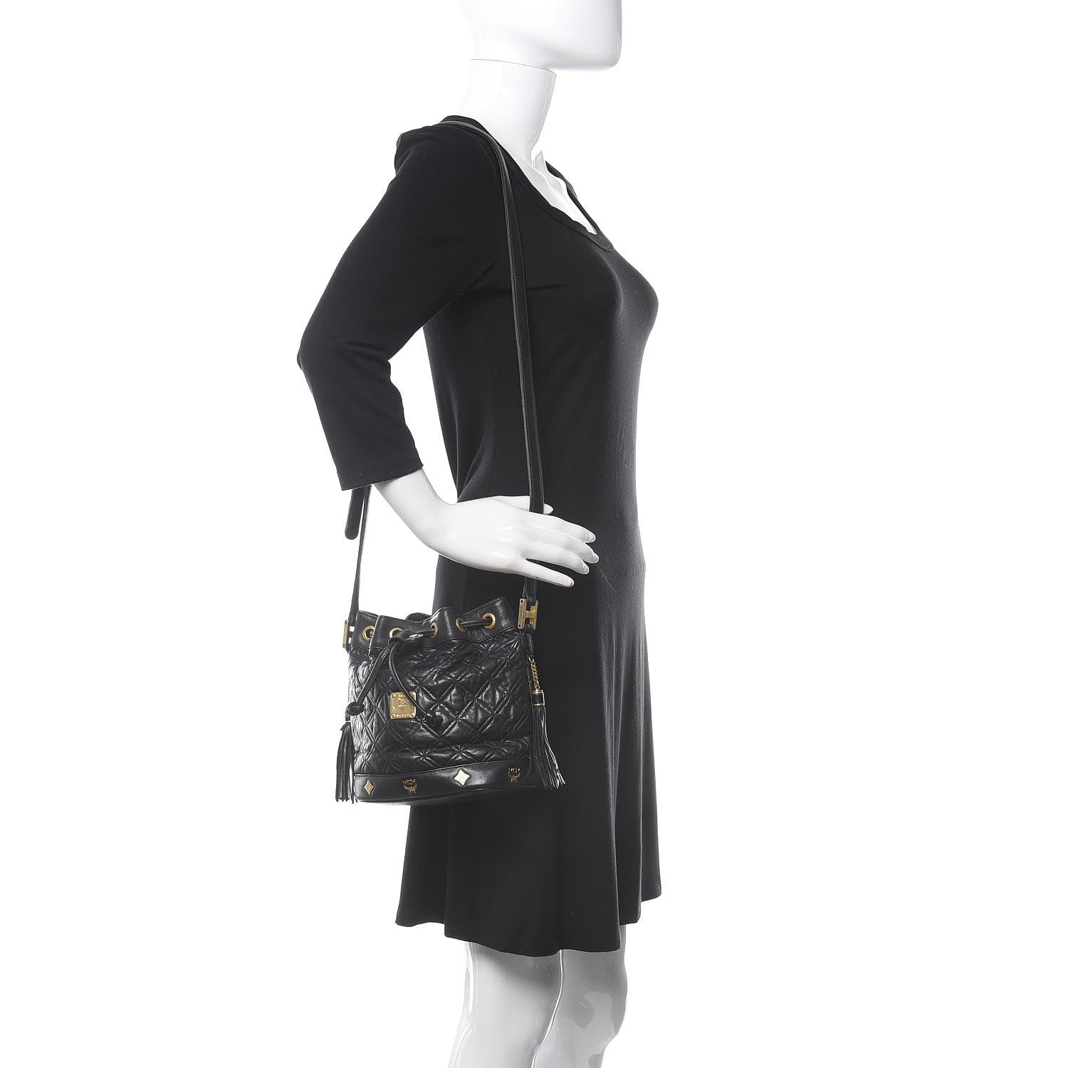 MCM Calfskin Quilted Studded Bucket Bag Black 2 of 10
