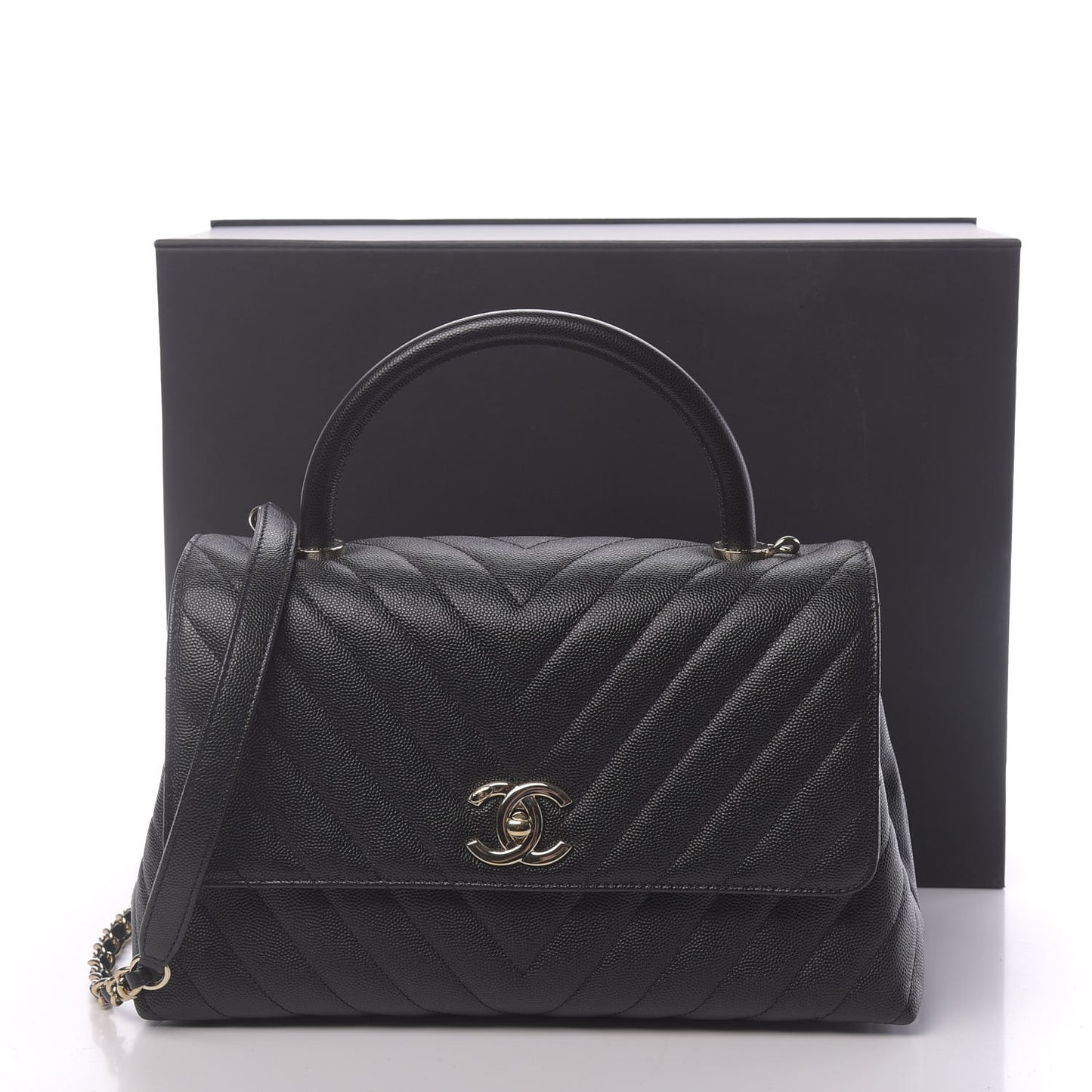 Caviar Chevron Quilted Small Coco Handle Flap Black