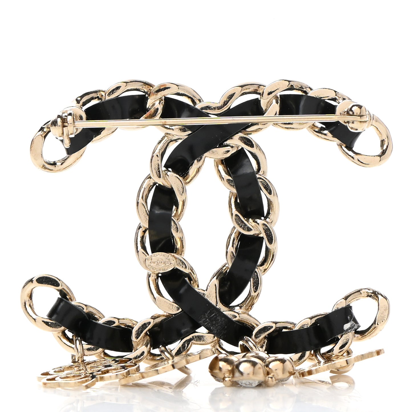 Lambskin Crystal Chain CC Charms Brooch Black Gold