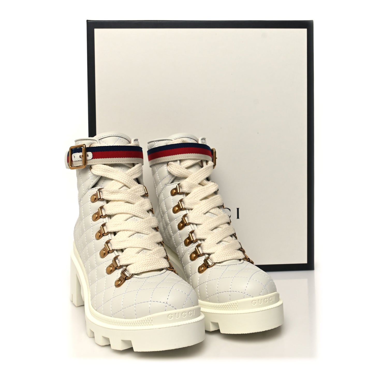Calfskin Quilted Sylvie Web Lace Up Combat Ankle Boots 36.5 White