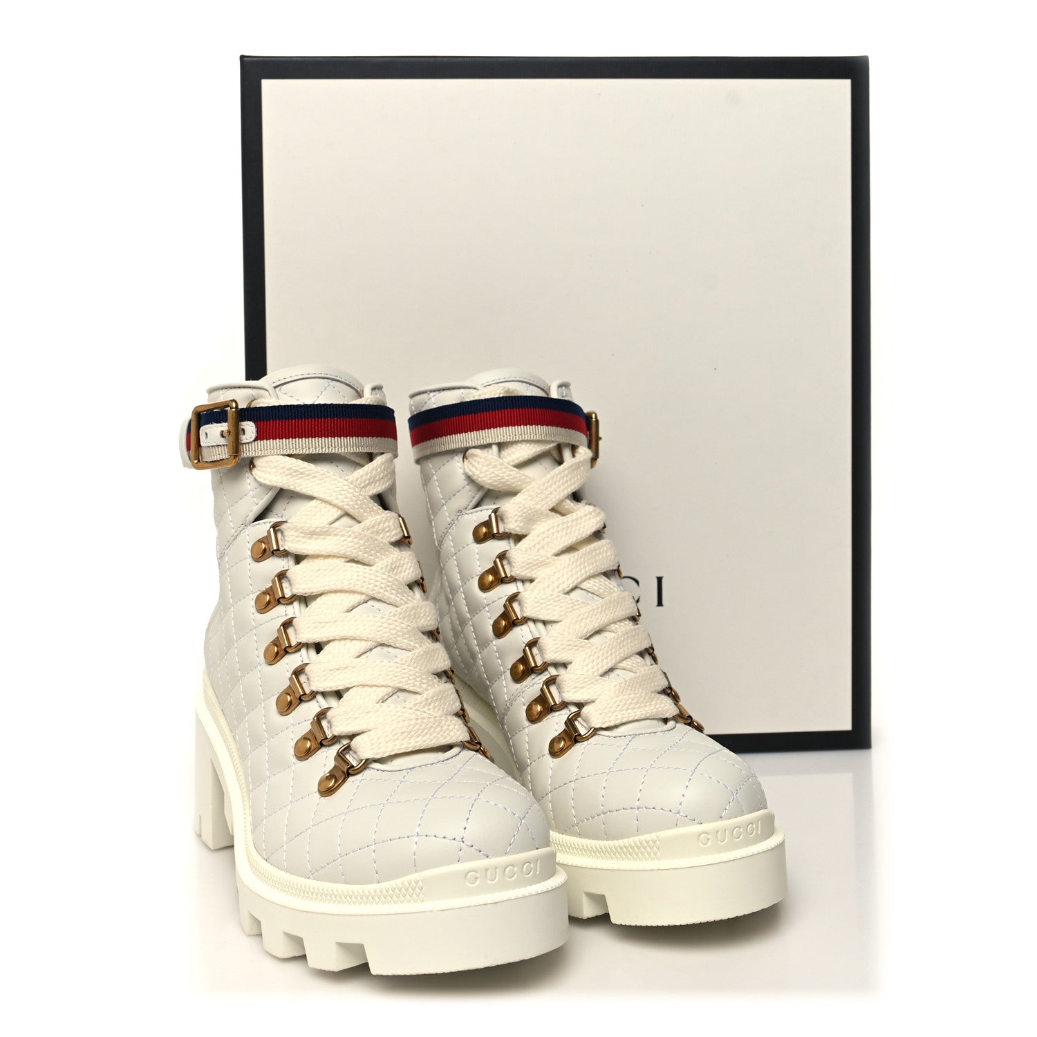 Gucci Calfskin Quilted Sylvie Web Lace Up Combat Ankle Boots 36.5 White 9 of 9
