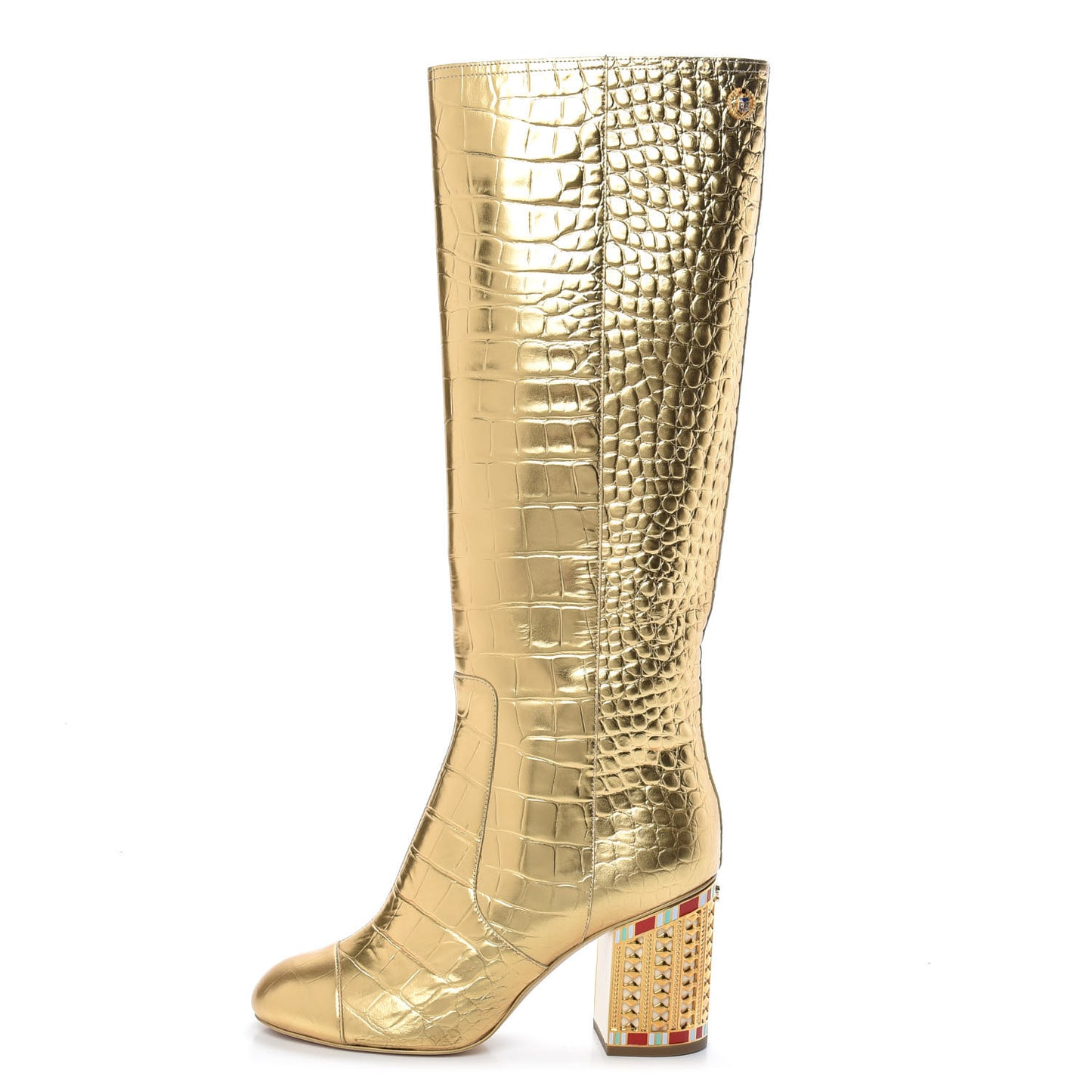 Calfskin Crocodile Embossed Cap Toe High Boots 37.5 Gold