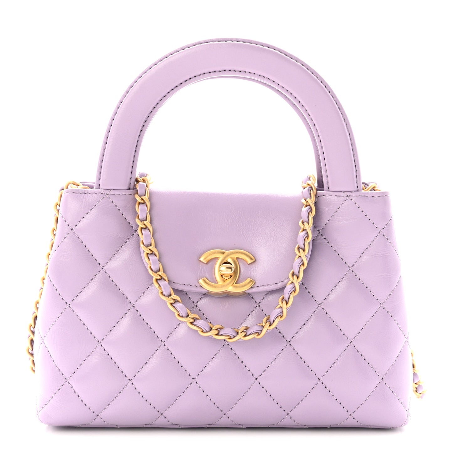 Shiny Aged Calfskin Quilted Nano Kelly Shopper Lilac