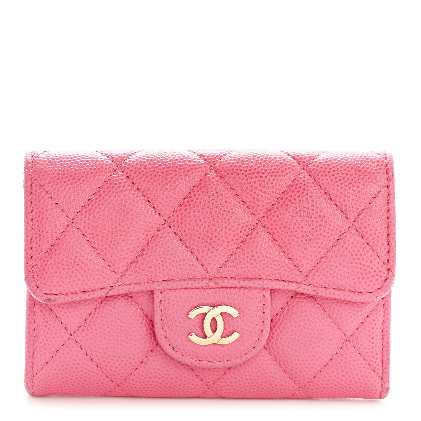 Caviar Quilted Flap Card Holder Wallet Pink