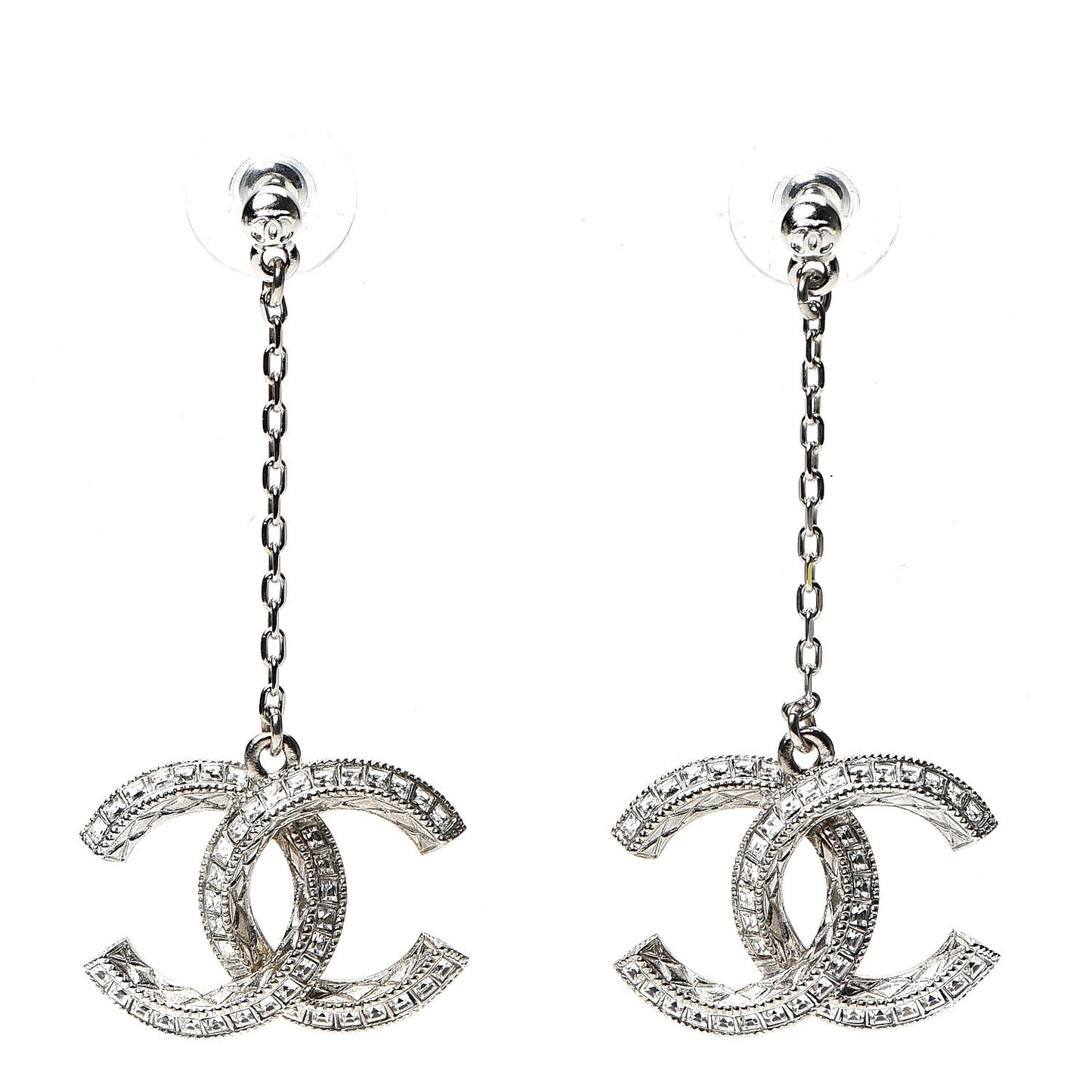 Baguette Crystal CC Drop Earrings Silver