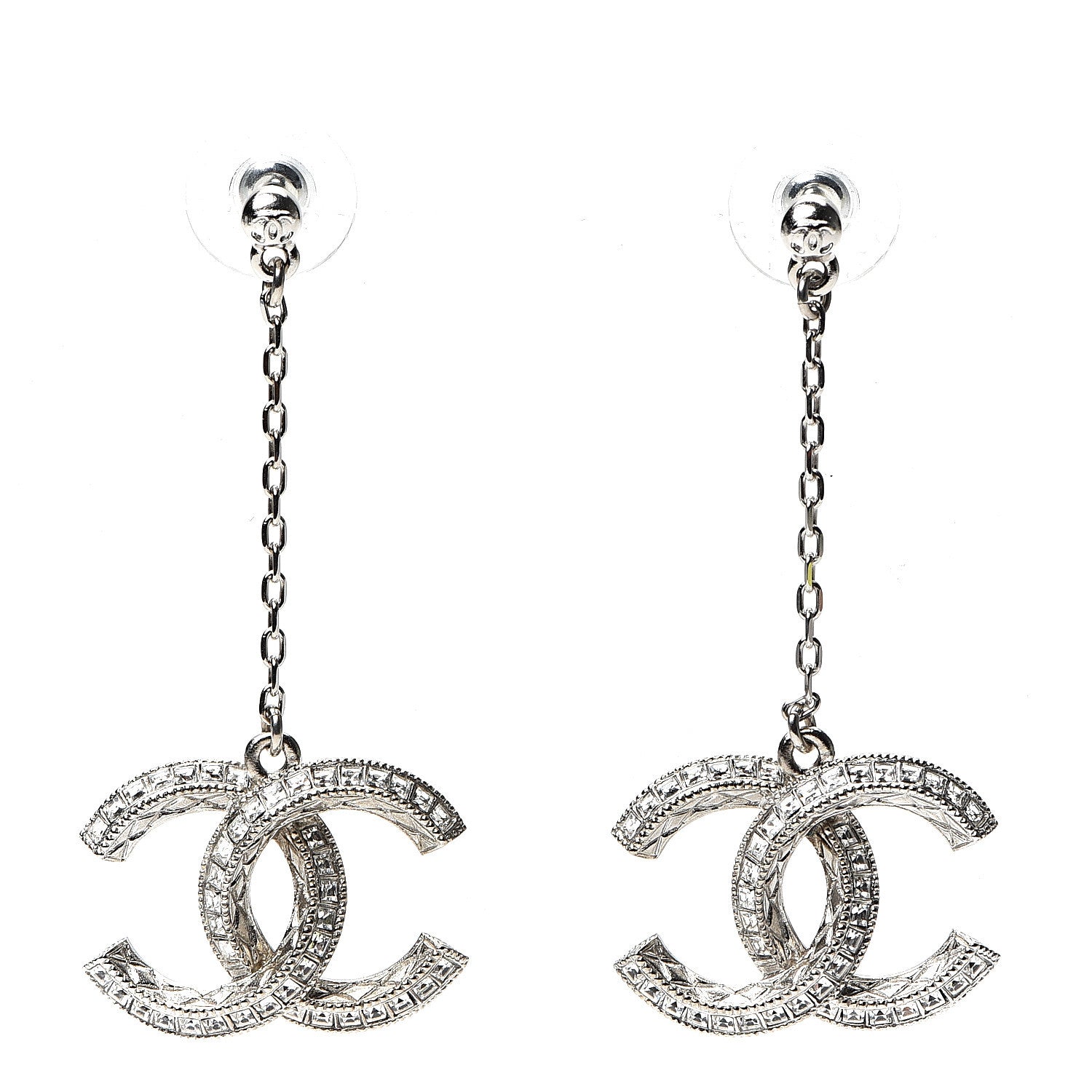 Chanel Baguette Crystal CC Drop Earrings Silver 1 of 5