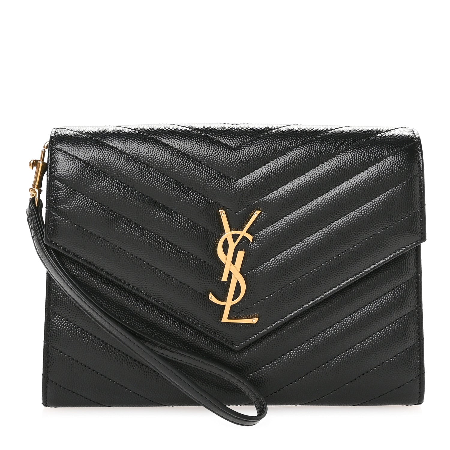 Saint Laurent Grain De Poudre Matelasse Chevron Monogram Envelope Clutch Black 1 of 7