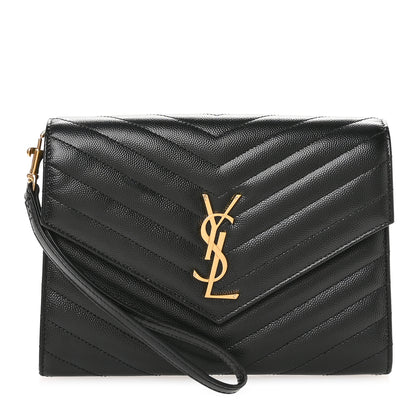 Saint Laurent Grain De Poudre Matelasse Chevron Monogram Envelope Clutch Black 1 of 7