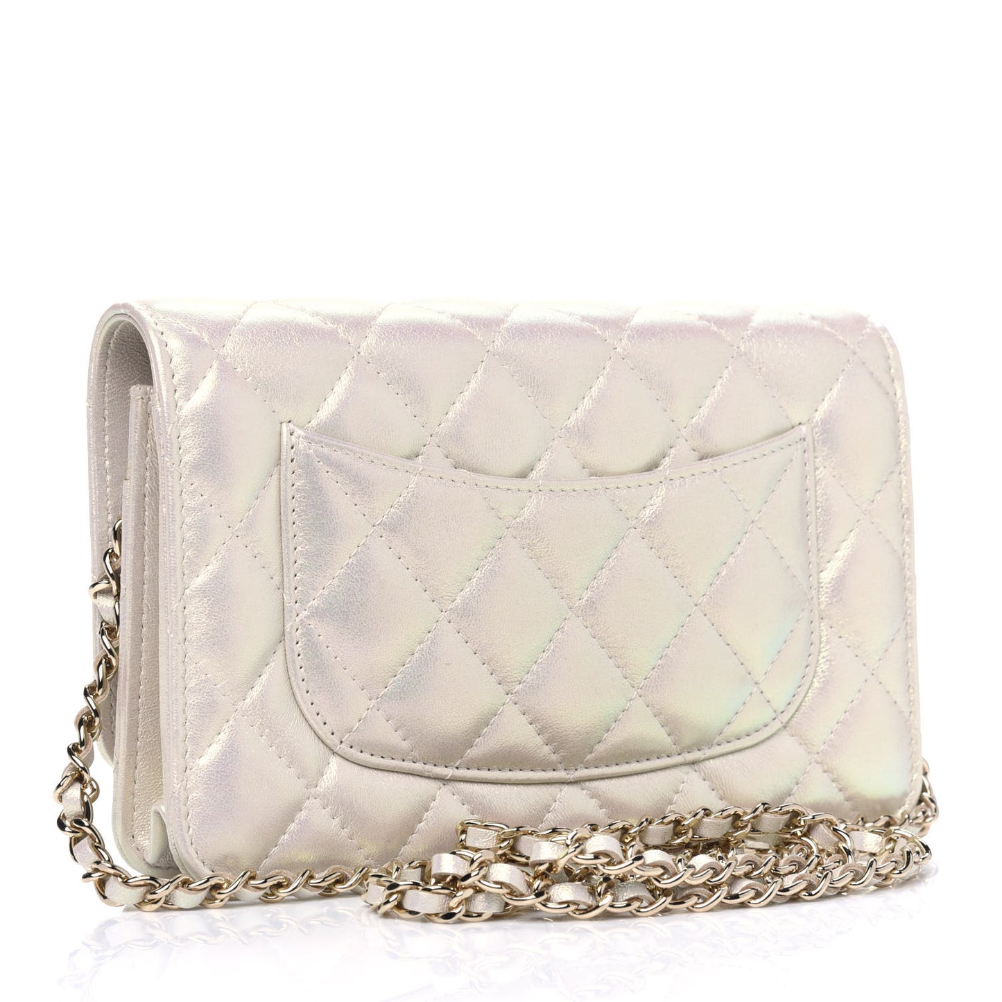Iridescent Lambskin Quilted Wallet On Chain WOC Ivory