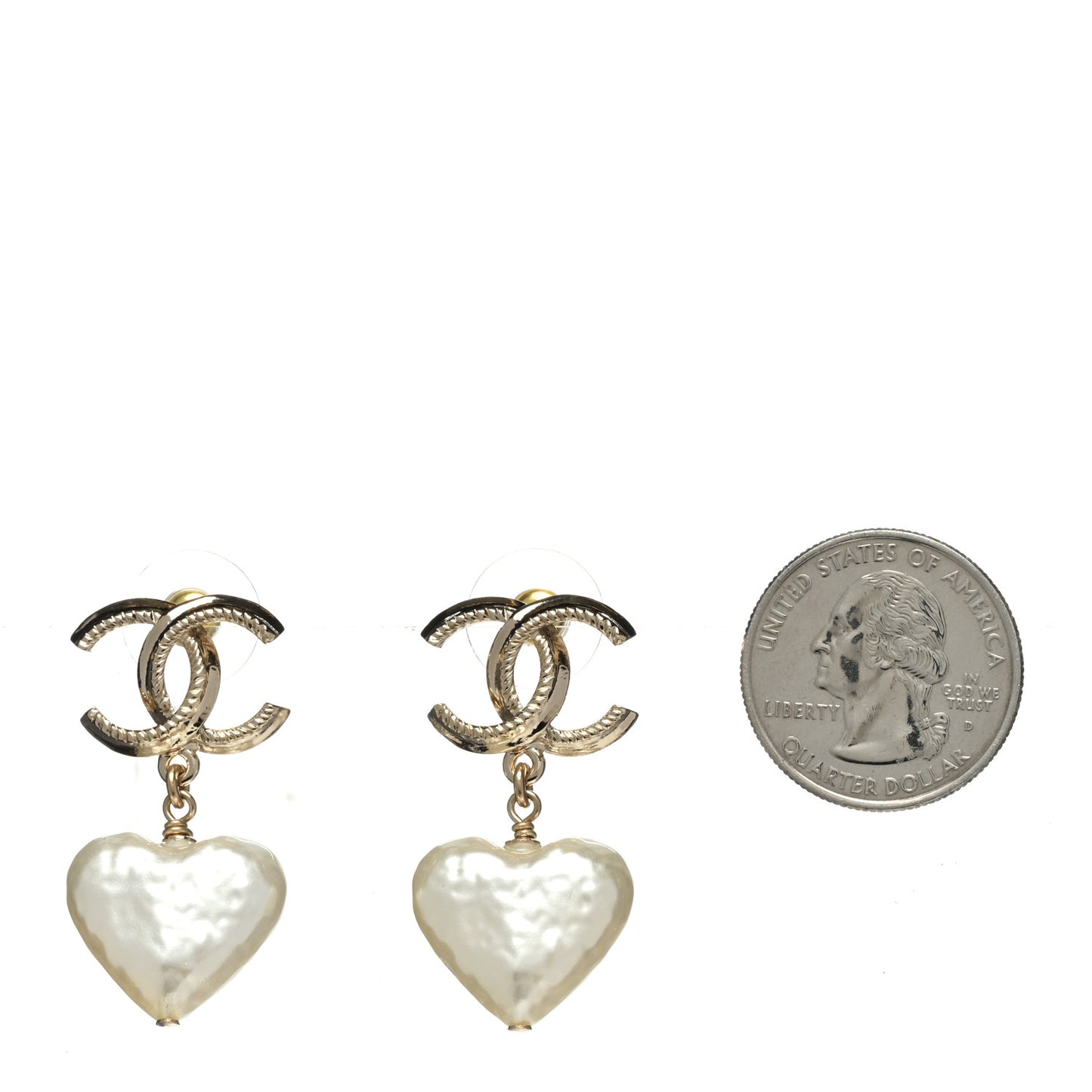 Pearl CC Heart Drop Earrings Gold