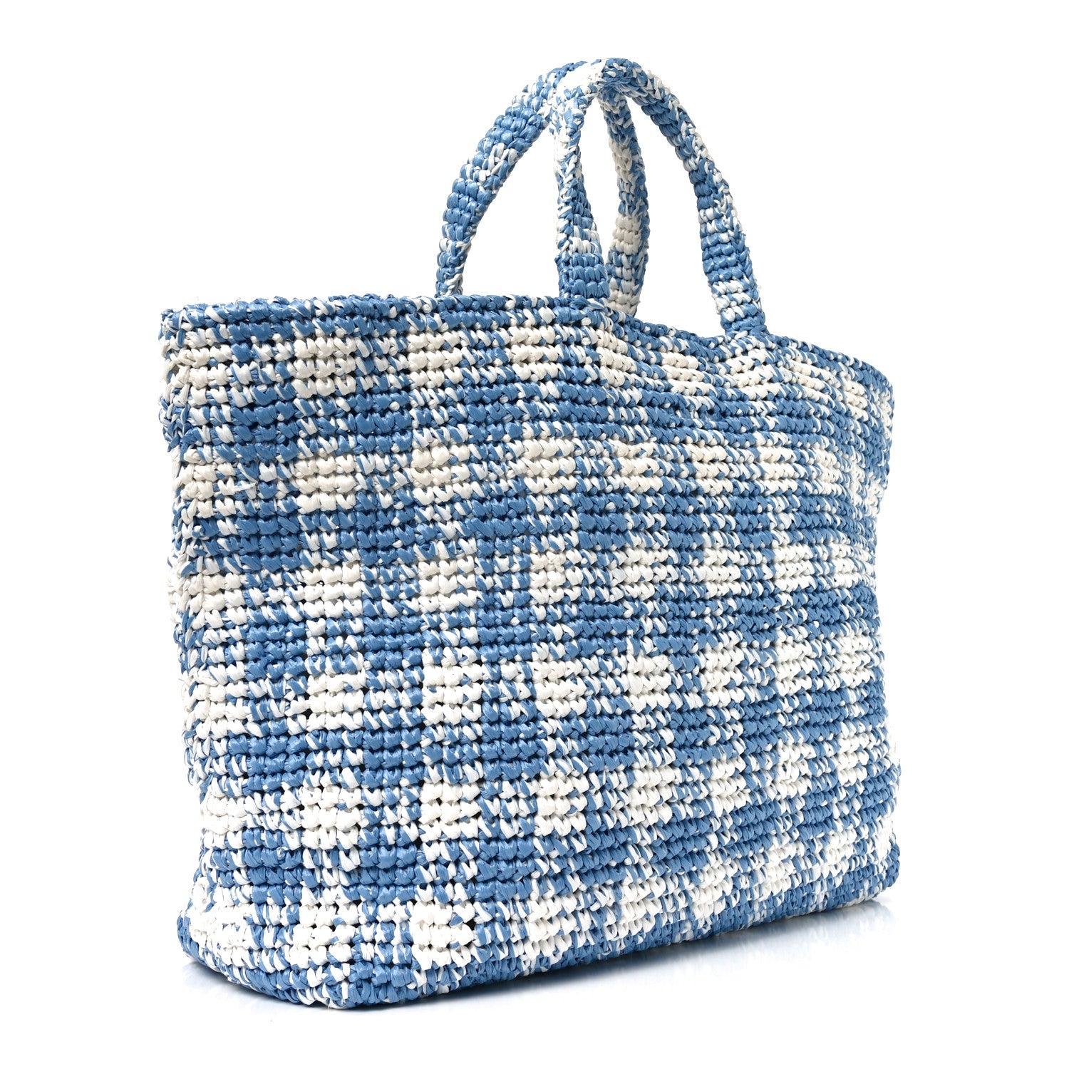 Prada Yarn Raffia Effect Crochet Embroidered Large Logo Tote Celeste 3 of 9