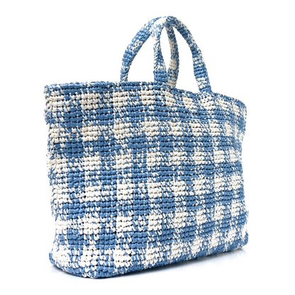 Prada Yarn Raffia Effect Crochet Embroidered Large Logo Tote Celeste 3 of 9