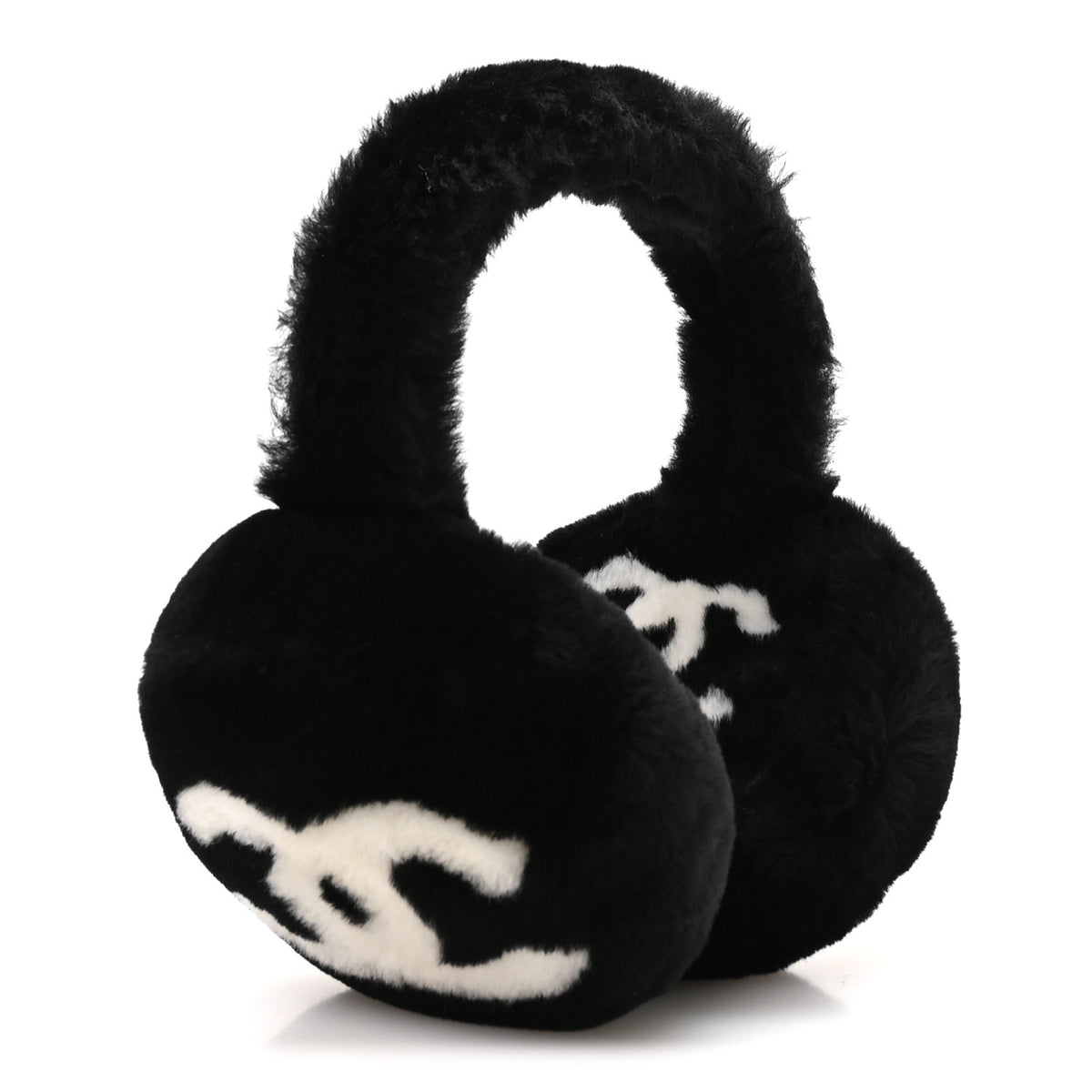 Chanel Shearling CC Ear Muffs Black White 3 of 5