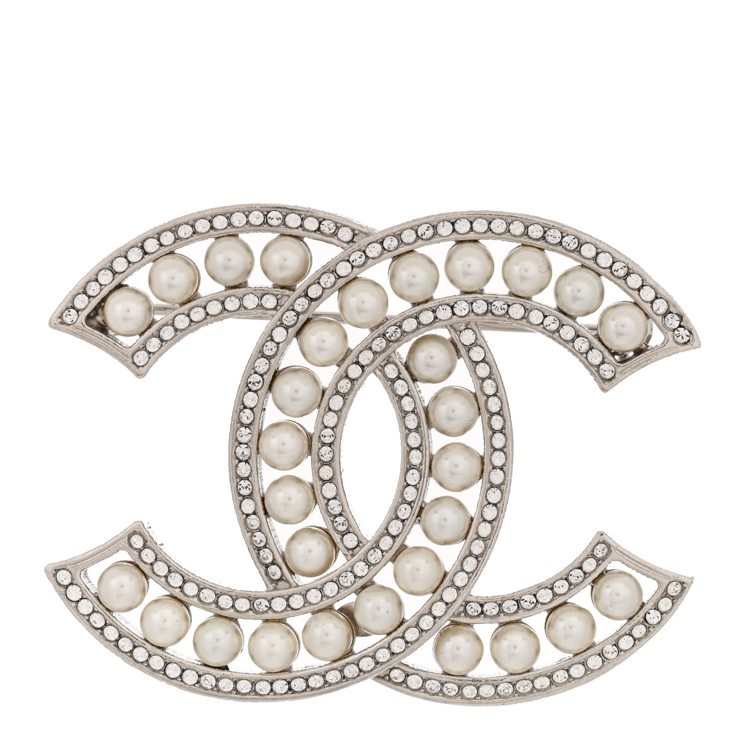 Chanel Pearl Crystal CC Brooch Silver 1 of 4