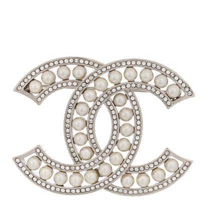 Chanel Pearl Crystal CC Brooch Silver 1 of 4