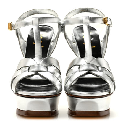 Saint Laurent Metallic Calfskin Tribute 105 Platform Sandals 37 Silver 3 of 10