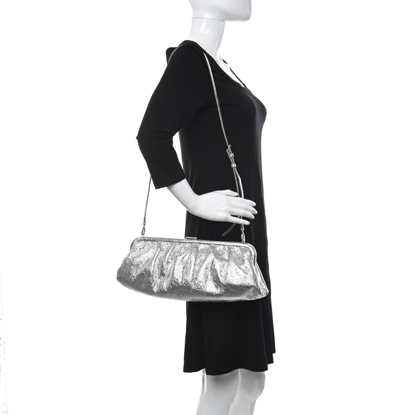 Metallic Textured Calfskin Logo XL Cloud Clutch Silver