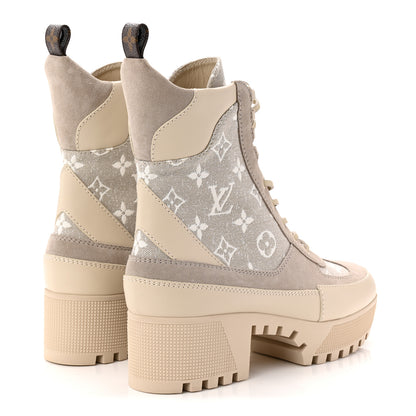 Louis Vuitton Suede Calfskin Monogram Denim Laureate Platform Desert Boots 38.5 Taupe 4 of 10