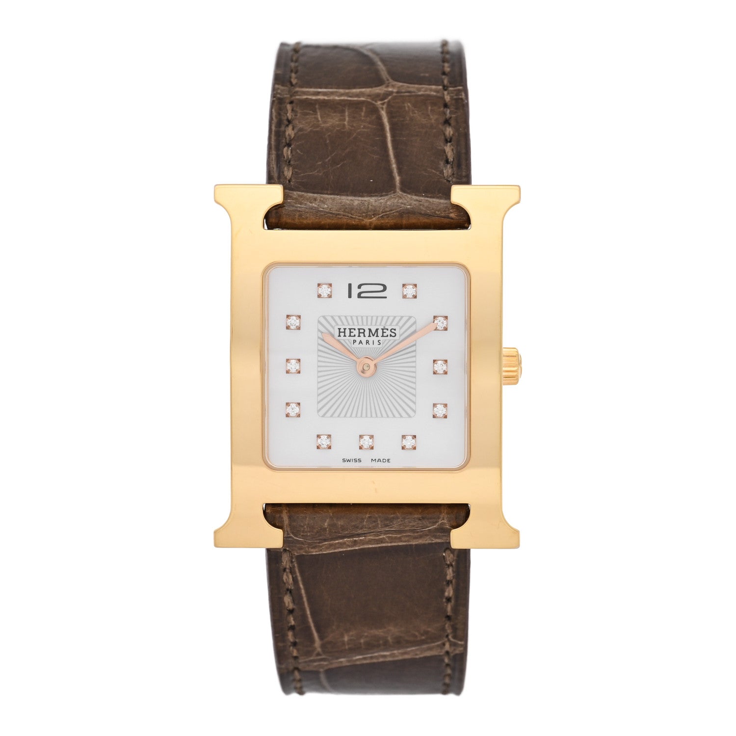 Hermes Stainless Steel Alligator Diamond Mother of Pearl 21mm Heure H Hour Quartz Watch Gris Elephant 1 of 5